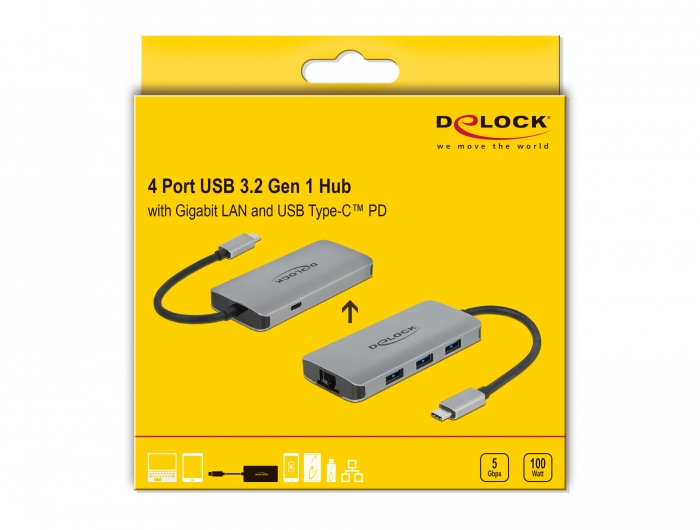 Delock USB 3.2 Gen 1 Hub with 4 Ports and Gigabit LAN and PD