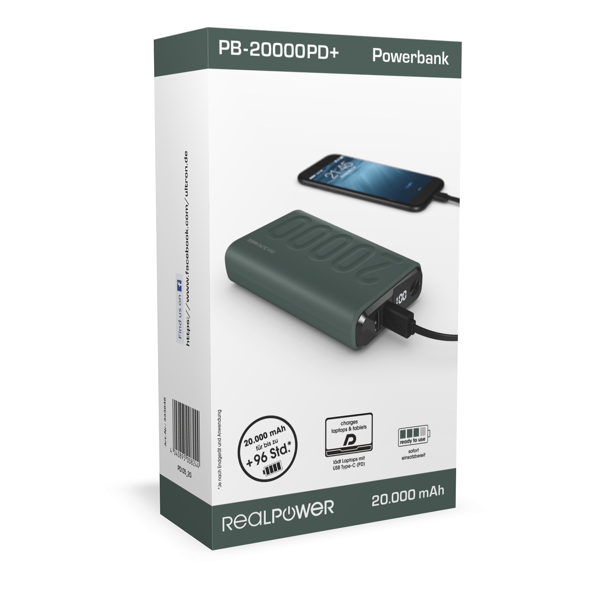 RealPower Powerbank PB-20000 PD+ Midnight Green