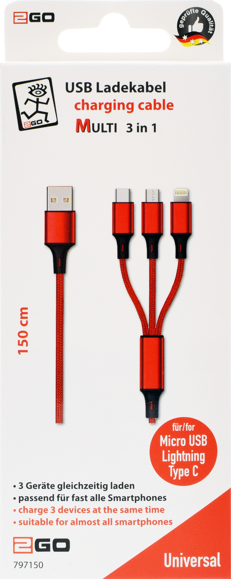 ACV 3in1 USB Ladekabel rot 1.5m - Digital/Daten