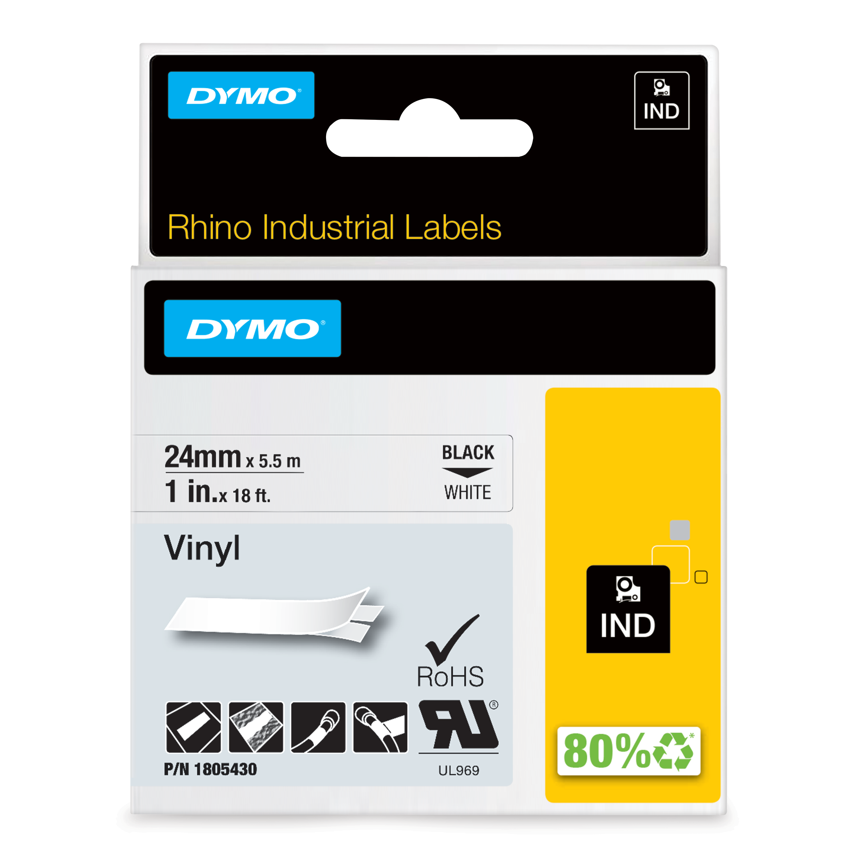 DYMO | Original IND-Schriftband für Rhino | farbiges Vinyl | schwarz auf weiß | 24mm x 5,5m