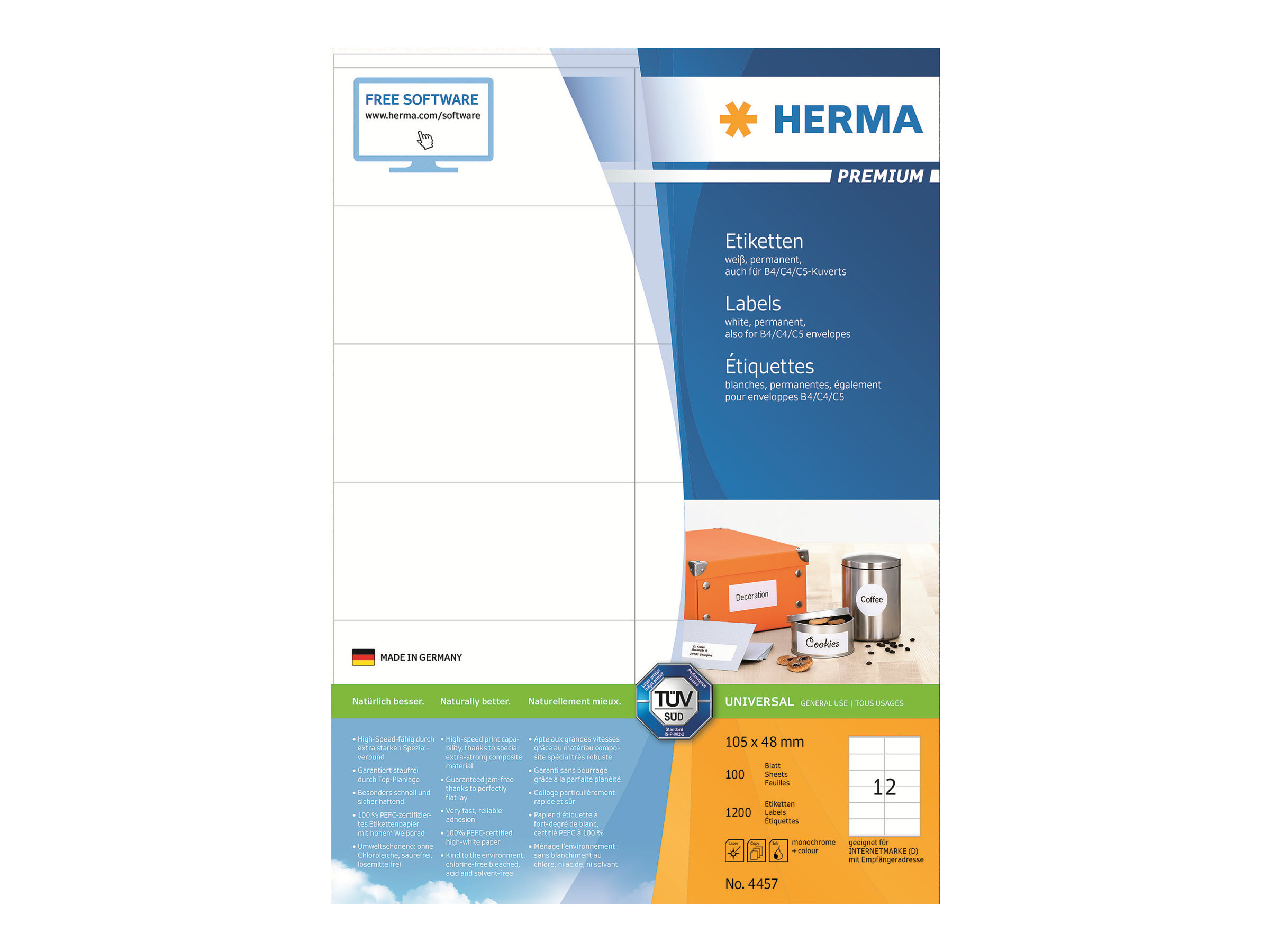 HERMA Premium - Papier - matt - permanent selbstklebend - weiß - 105 x 48 mm 1200 Etikett(en) (100 Bogen x 12)