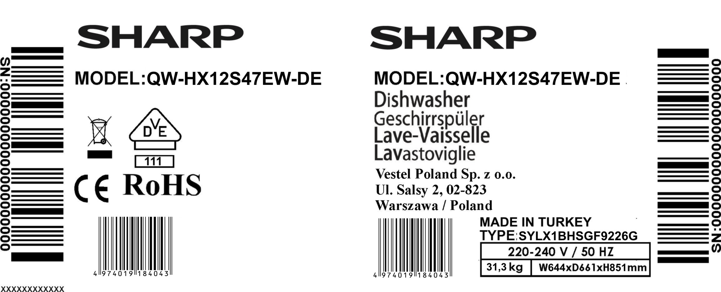 Sharp | Geschirrspüler |  QW-HX12S47EW-DE | (inkl. Speditionsversand)