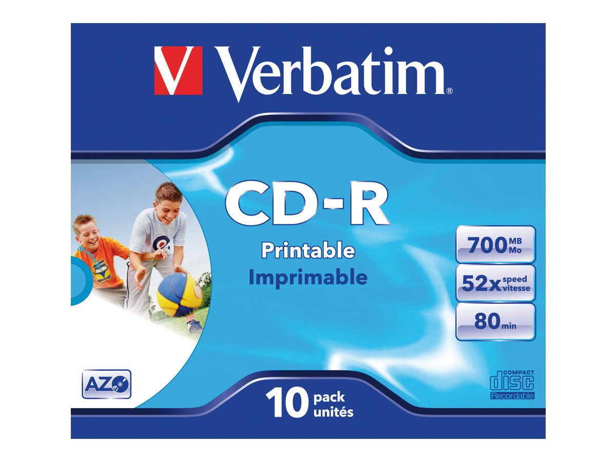 Verbatim 10 x CD-R - 700 MB (80 Min) 52x - mit Tintenstrahldrucker bedruckbare Oberfläche, breite bedruckbare Oberfläche - Jewel Case (Schachtel)