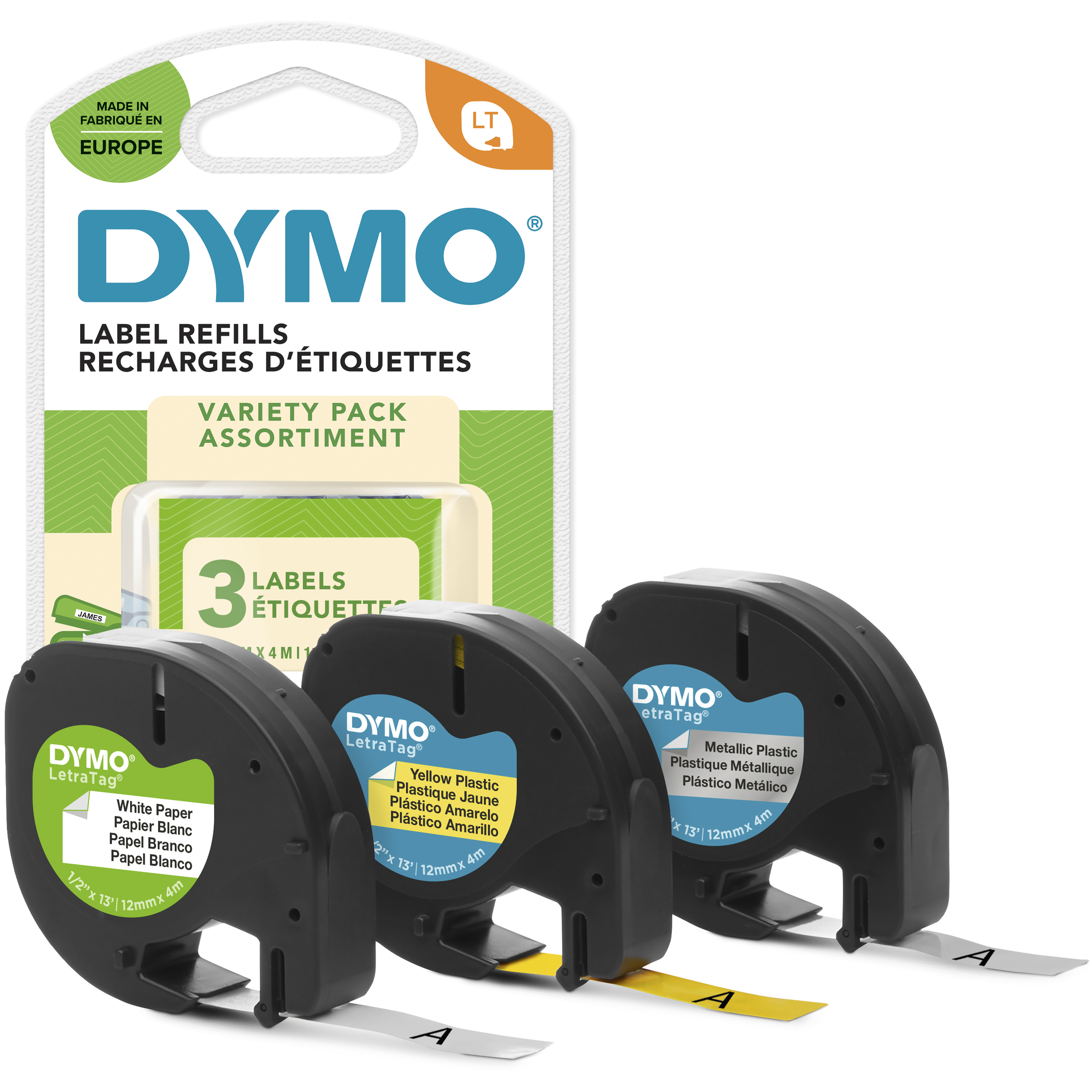 DYMO | Original Schriftbänder für LetraTag | schwarz auf je 1 x Papier weiß | Plastik gelb | Plastik silbermetallic | 12mm x 4m