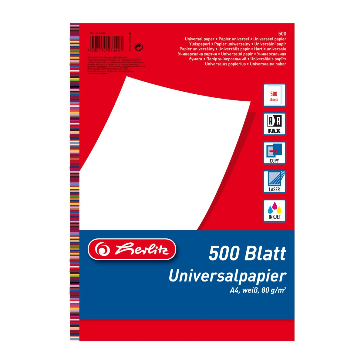 herlitz | Universalpapier A4 80g ws 500 Bl. f.Inkjet/Laser/Matrix/Copy/Fax