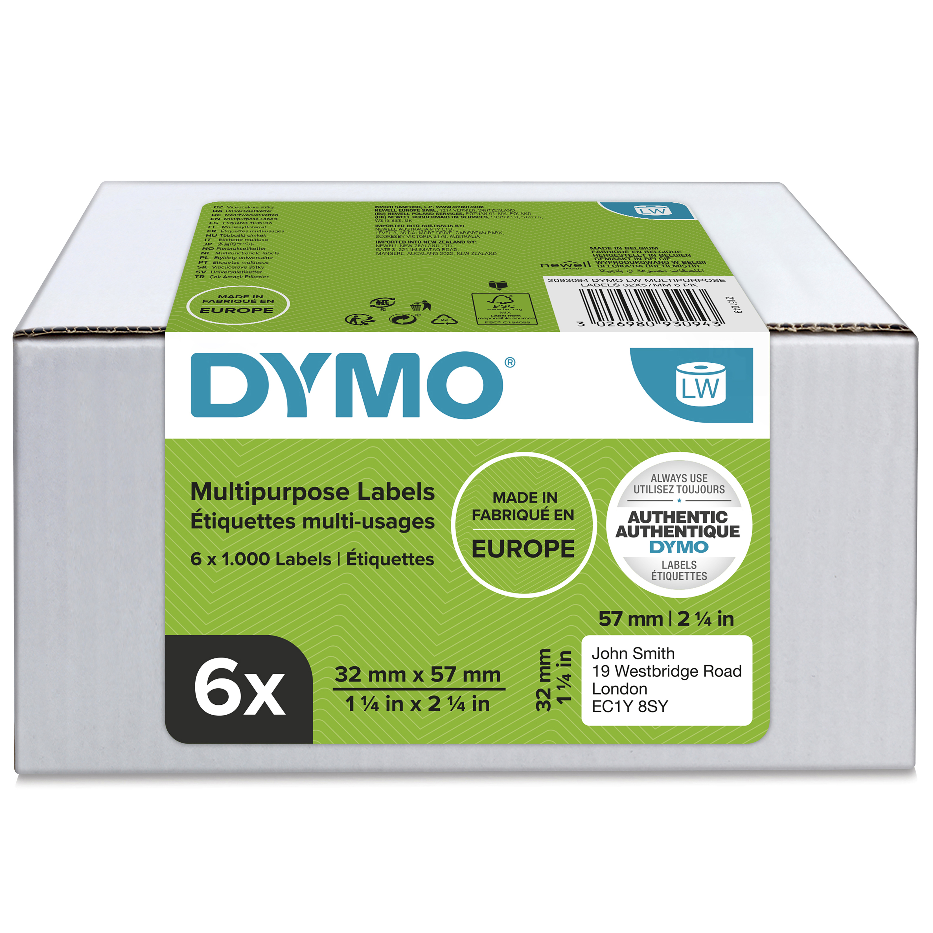 DYMO | Original Etikett für LabelWriter | Vorteilspack | Vielzweck | weiß | permanent haftend | 6 x 1.000 Etiketten | 32 x 57 mm