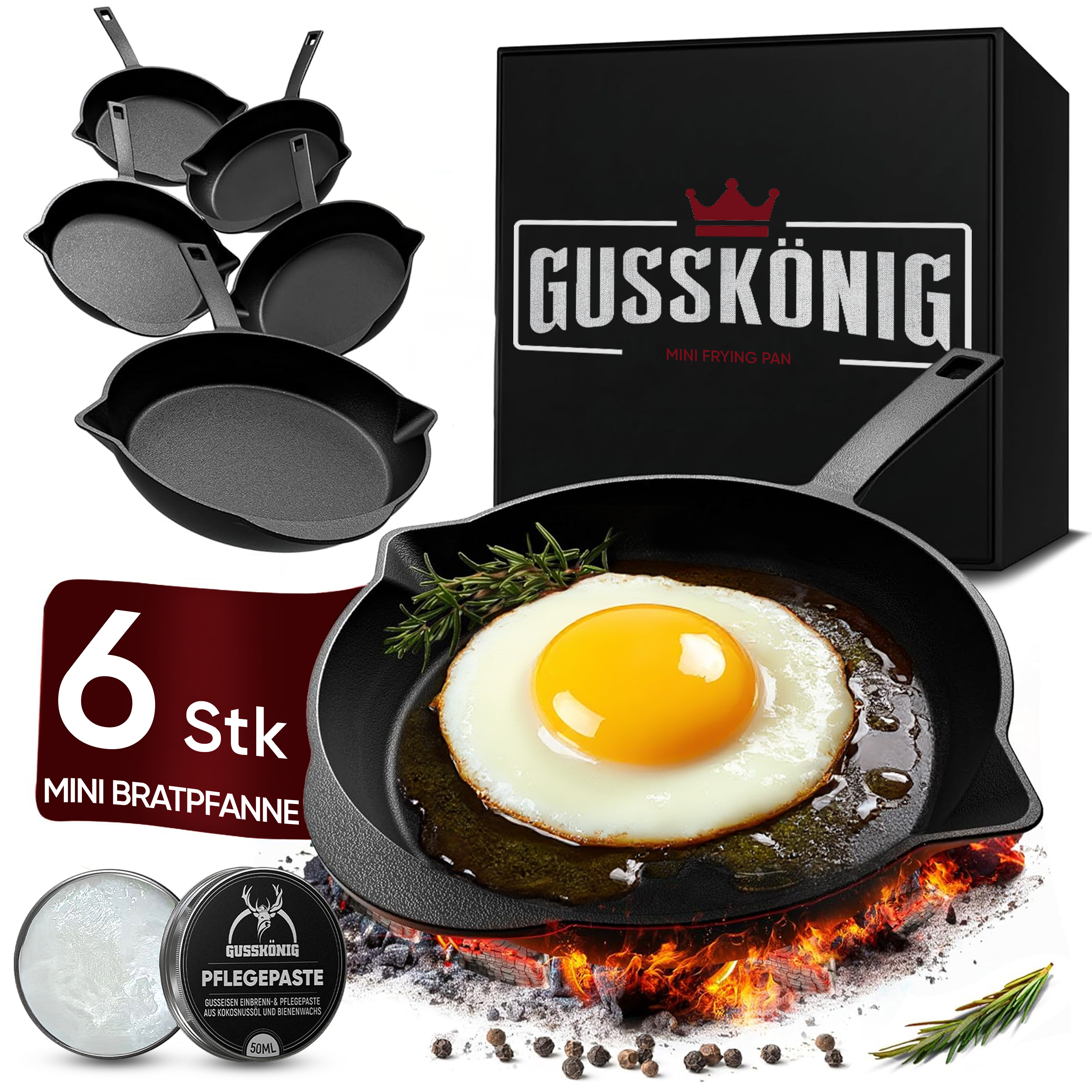 6× Mini Bratpfannen-Set aus Gusseisen, je 13,5 cm, inkl. Pflegepaste