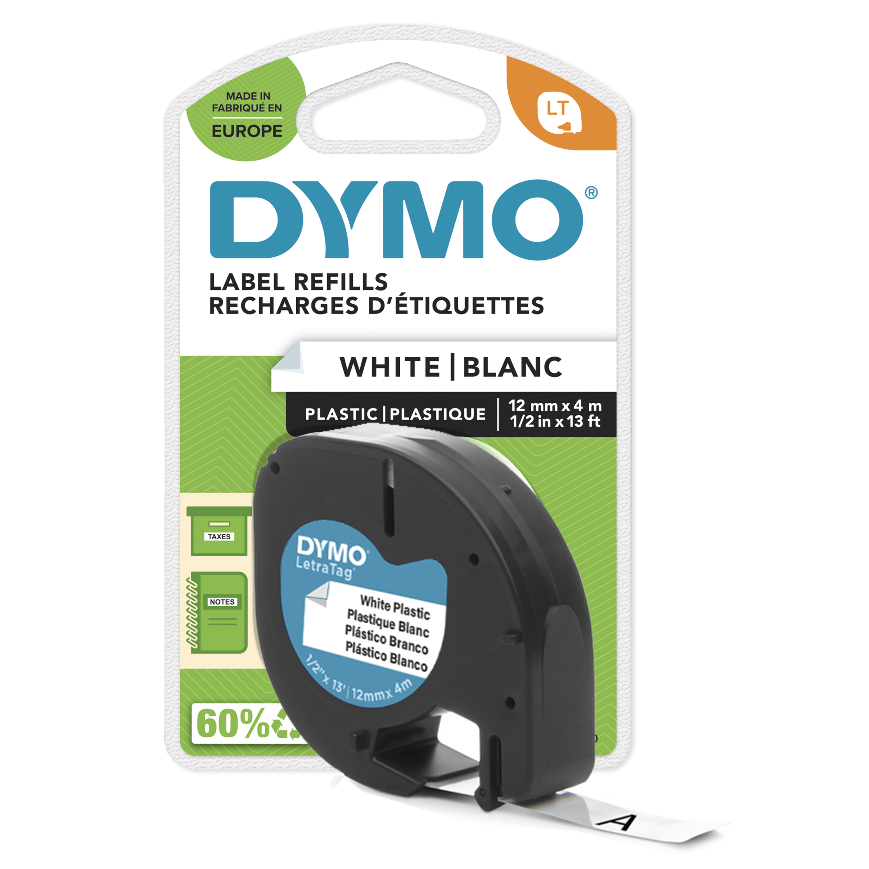 DYMO | Original Schriftband für LetraTag | Plastik | schwarz auf weiß | 12mm x 4m