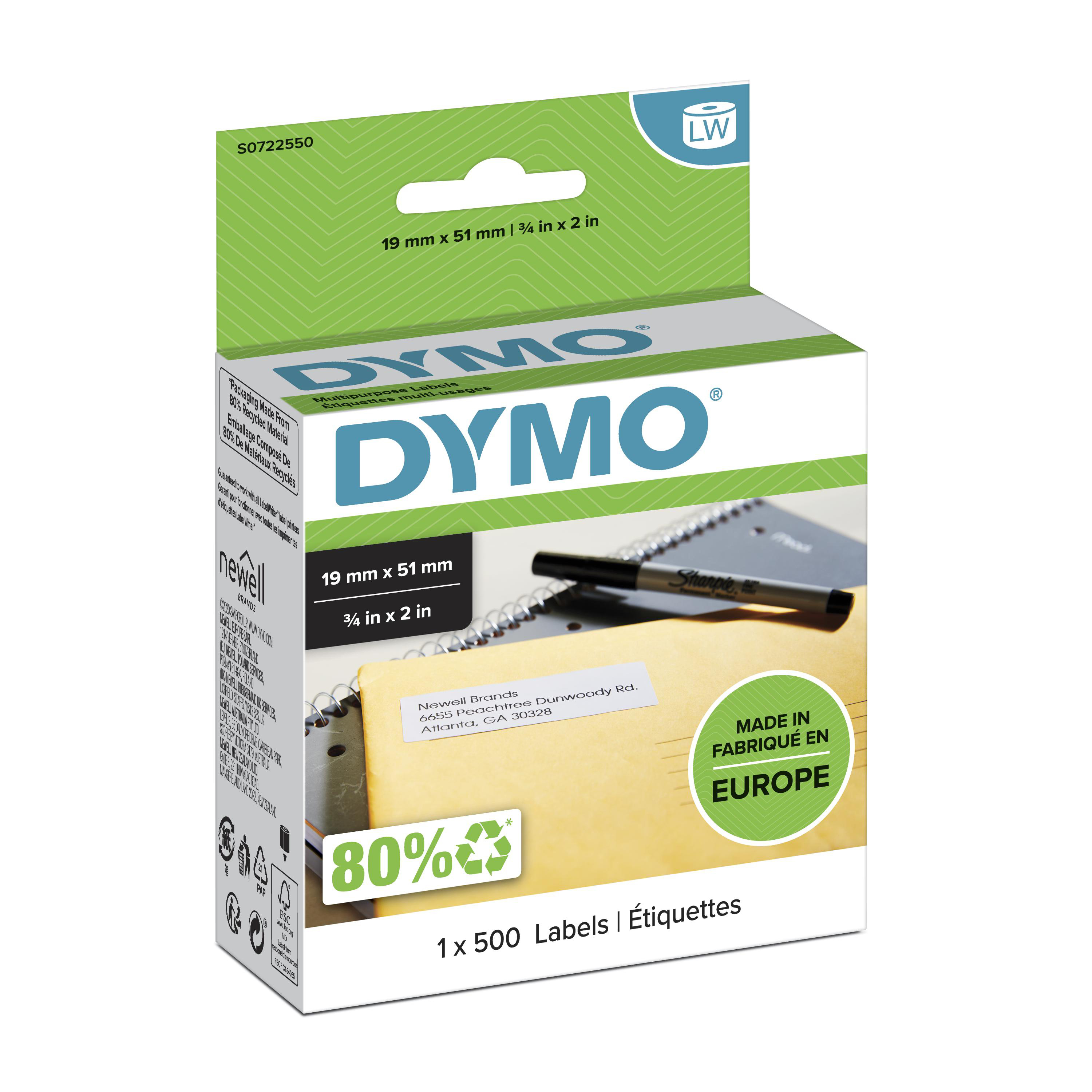 DYMO | Original Etikett für LabelWriter | Vielzweck | weiß | ablösbar | 1 x 500 Etiketten | 19 x 51 mm
