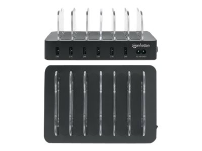 Manhattan Charging Station, 6x USB-A Ports, Outputs: 6x 2.4A, Smart IC, LED Indicator Lights, Black (Power Cable: Euro 2-pin plug to C7 figure-of-8 connector)
