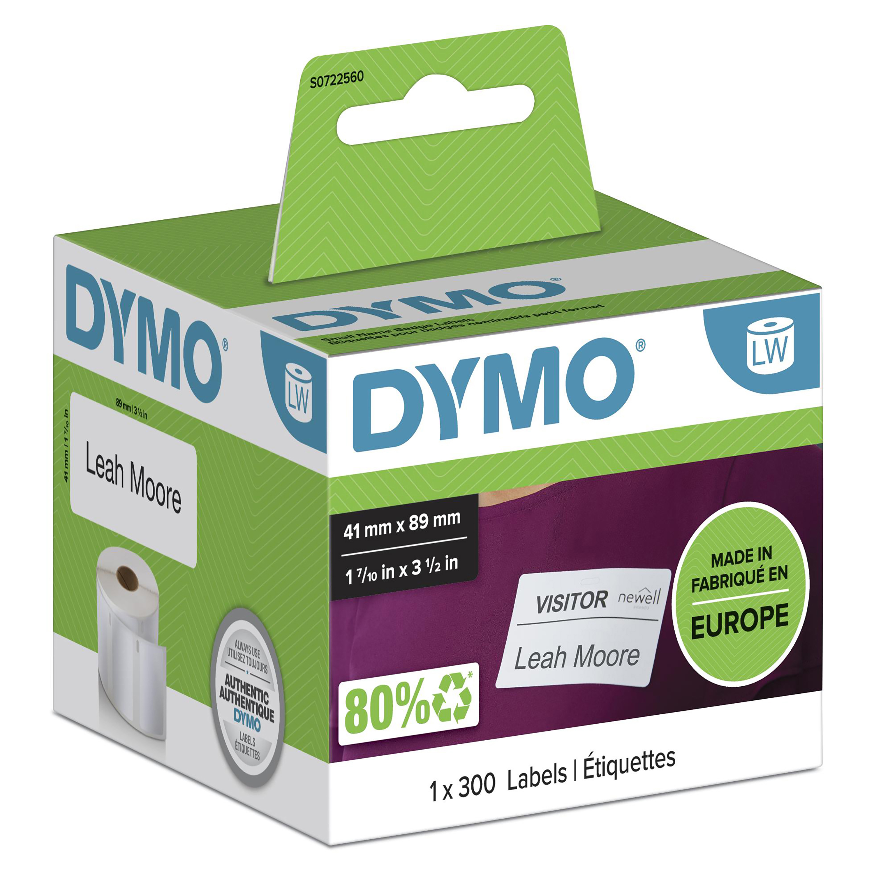 DYMO | Original Etikett für LabelWriter | Namensschild | weiß | ablösbar | 1 x 300 Etiketten | 41 x 89 mm