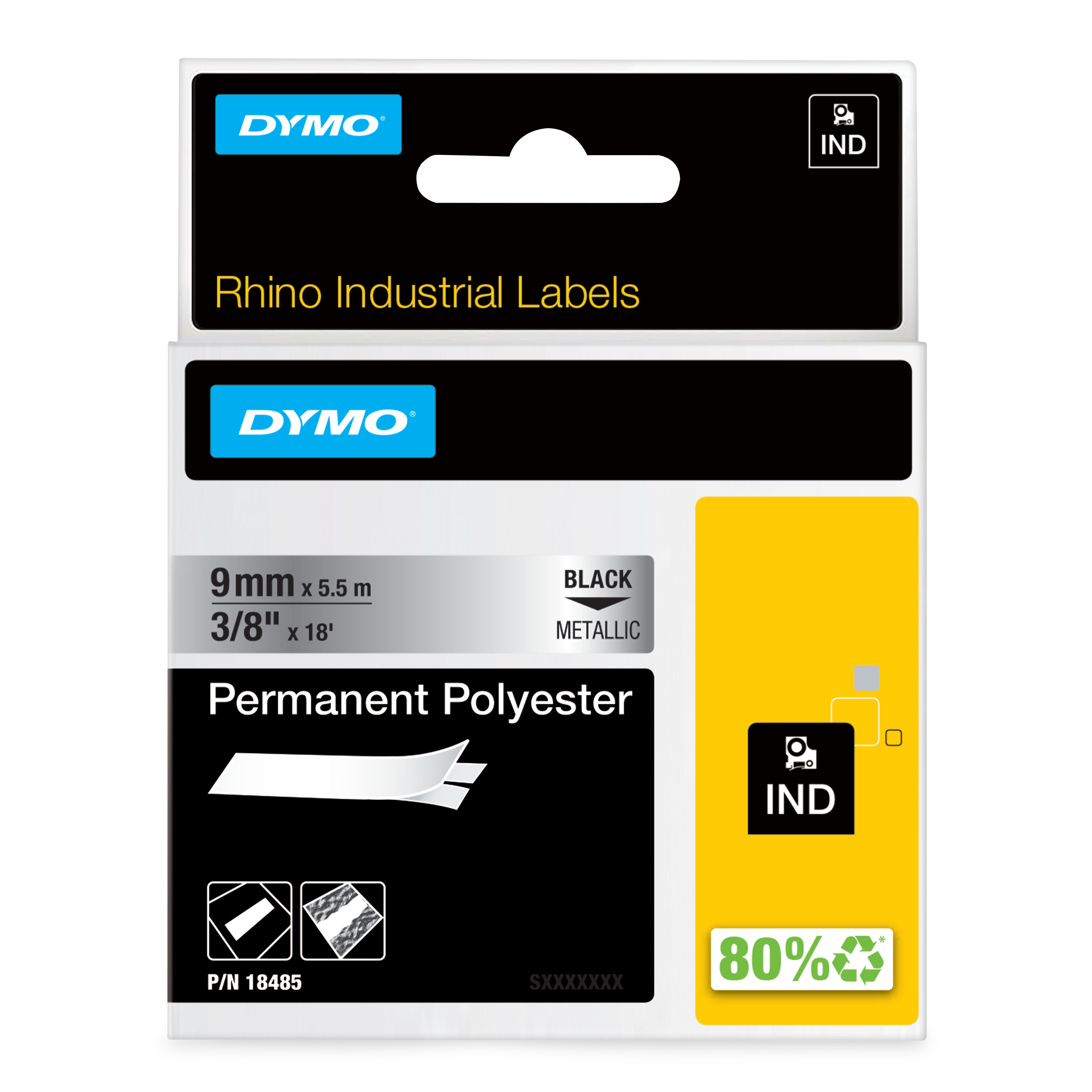 DYMO | Original IND-Schriftband für Rhino | Permanent Polyester | schwarz auf metallic | 9mm x 5,5m