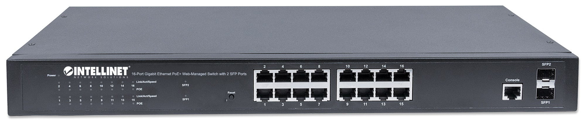 Intellinet 16-Port Gigabit Ethernet PoE+ Web-Managed Switch mit 2 SFP-Ports, IEEE 802.3at/af Power over Ethernet (PoE+/PoE)-