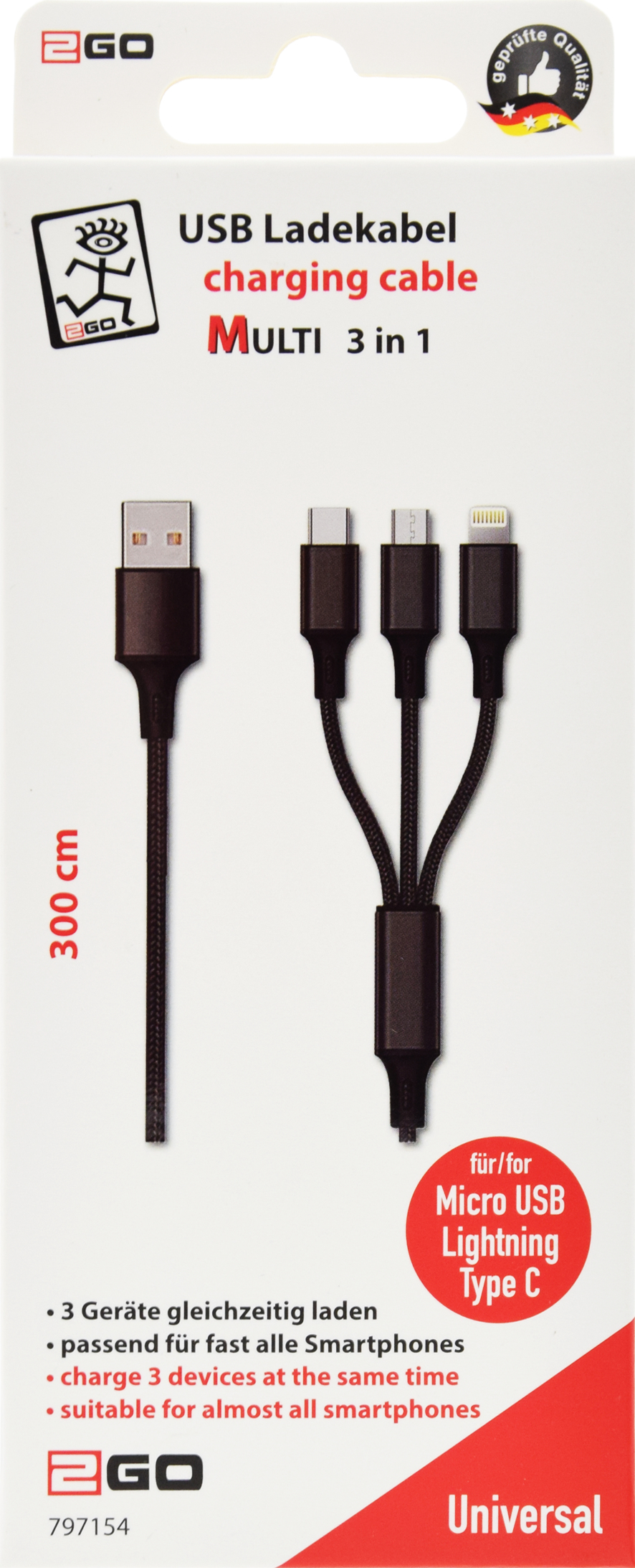 ACV 3 in 1 USB Ladekabel - schwarz - 300cm