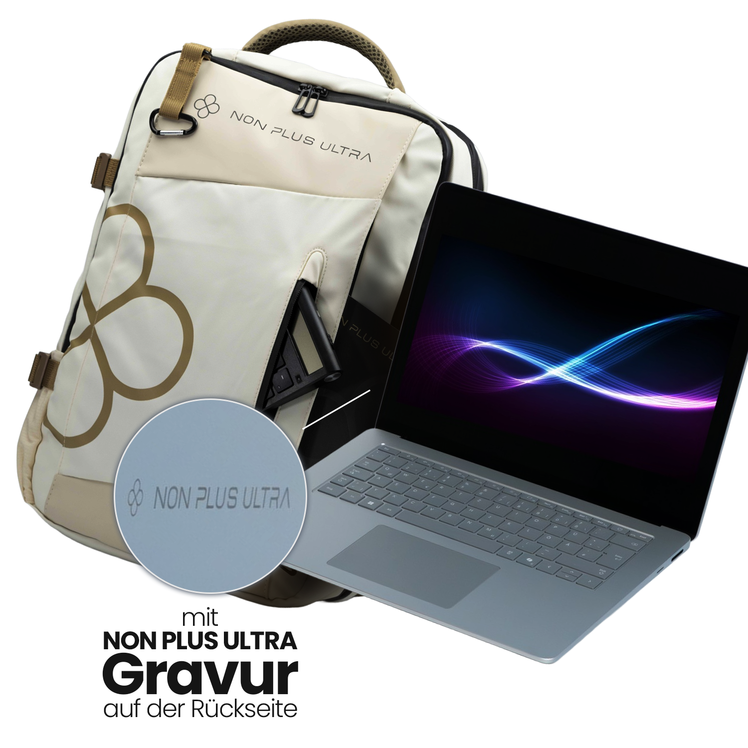 bestehend aus Microsoft Surface Laptop 7 (inkl. Non Plus Ultra Gravur) + Rucksack in beige/weiss