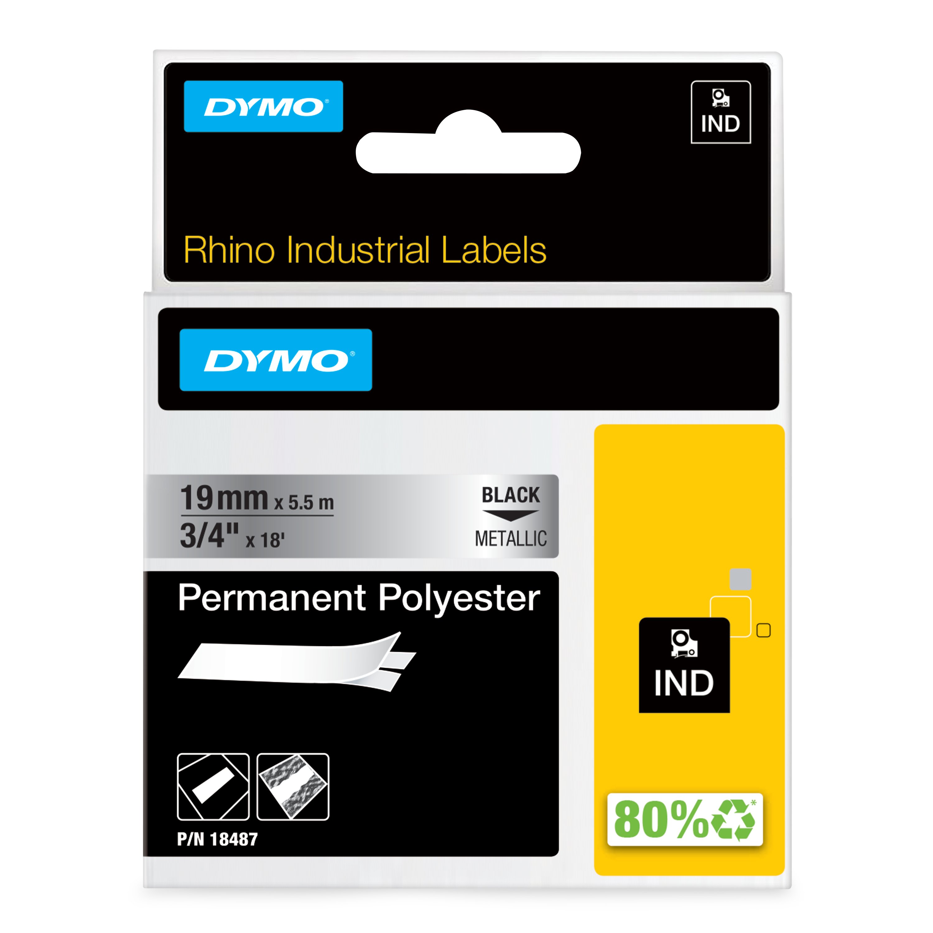 DYMO | Original IND-Schriftband für Rhino | Permanent Polyester | schwarz auf metallic | 19mm x 5,5m