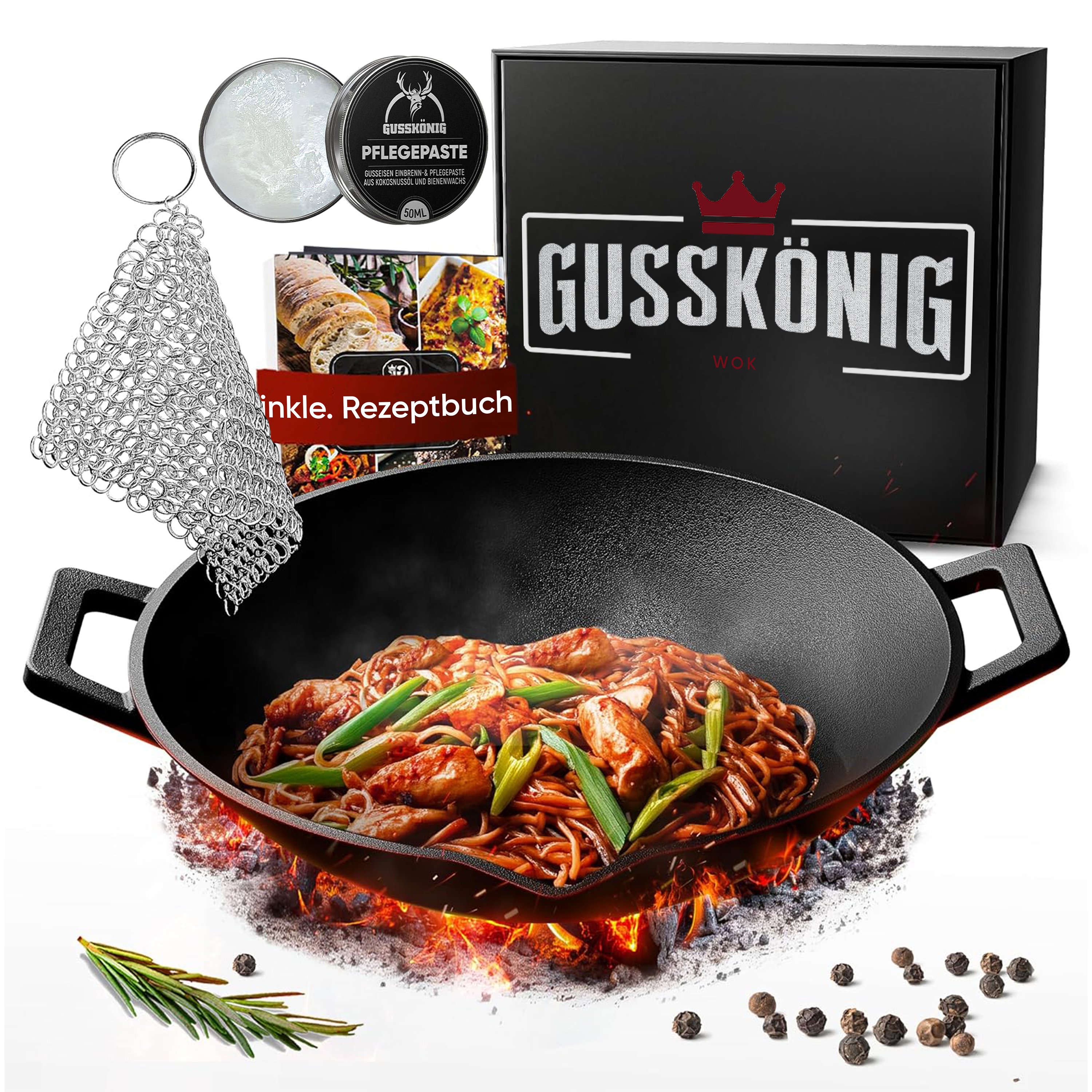 Wok-Set aus Gusseisen, 35 cm, inkl. Zubehör und Rezeptbuch