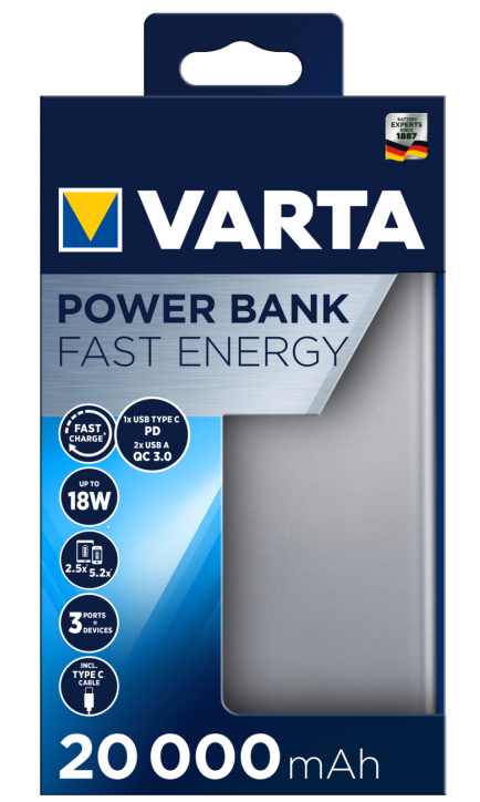 Varta Fast Energy 20000 - Silber - Universal - Aluminium - Lithium Polymer (LiPo) - 20000 mAh - USB