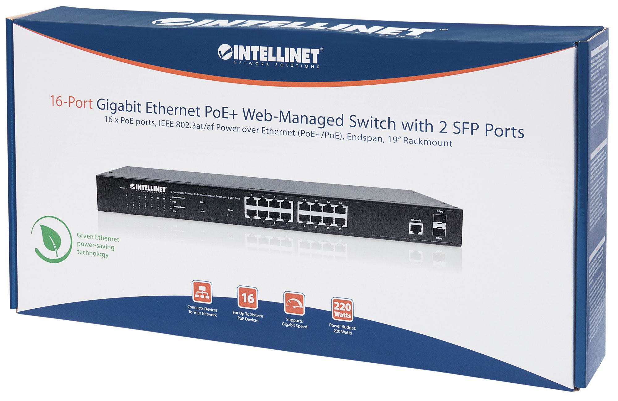 Intellinet 16-Port Gigabit Ethernet PoE+ Web-Managed Switch mit 2 SFP-Ports, IEEE 802.3at/af Power over Ethernet (PoE+/PoE)-