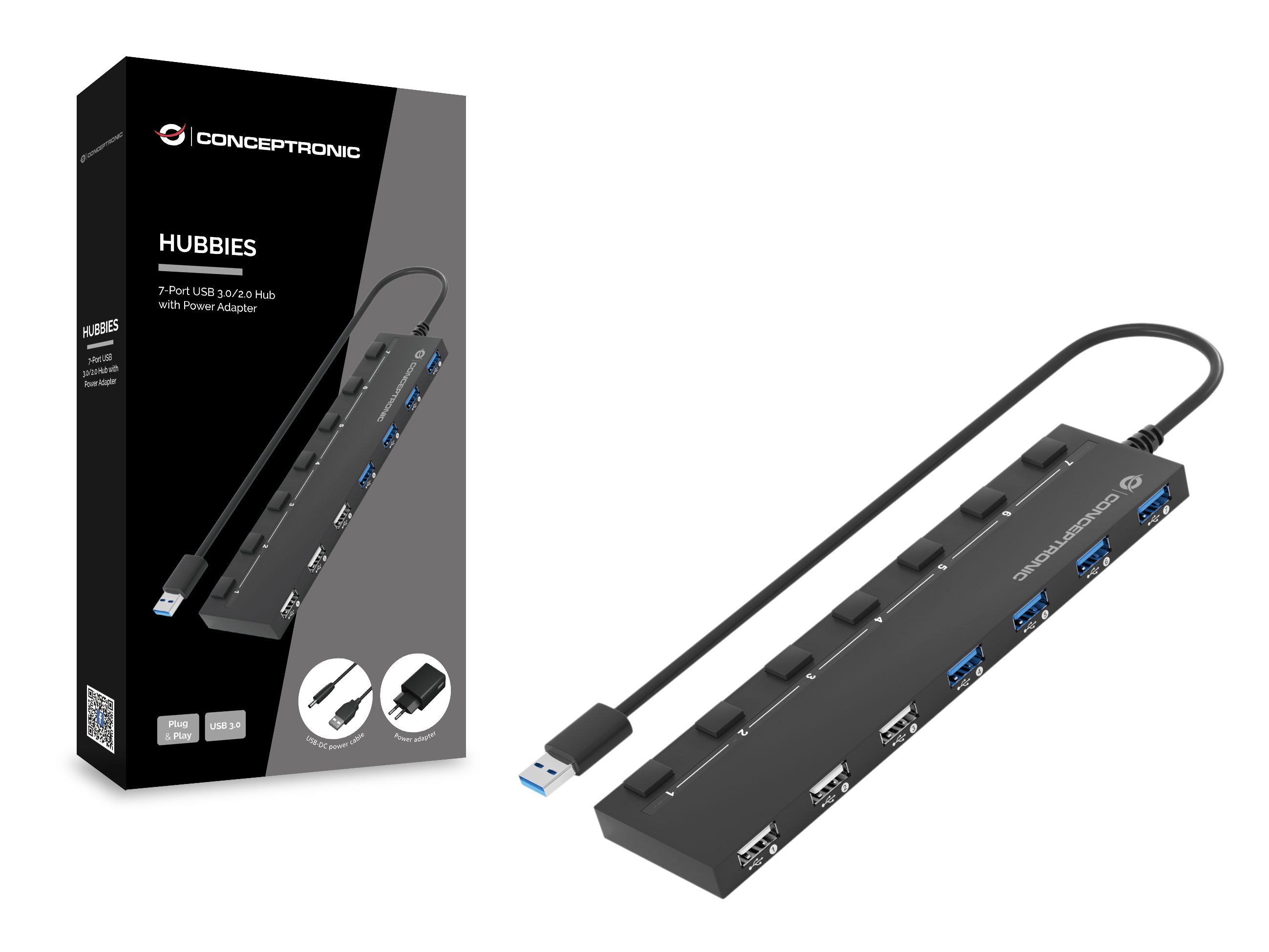 Conceptronic USB-Hub 7Port USB3.0/2.0+ Power Adapter - Hub - 7-Port
