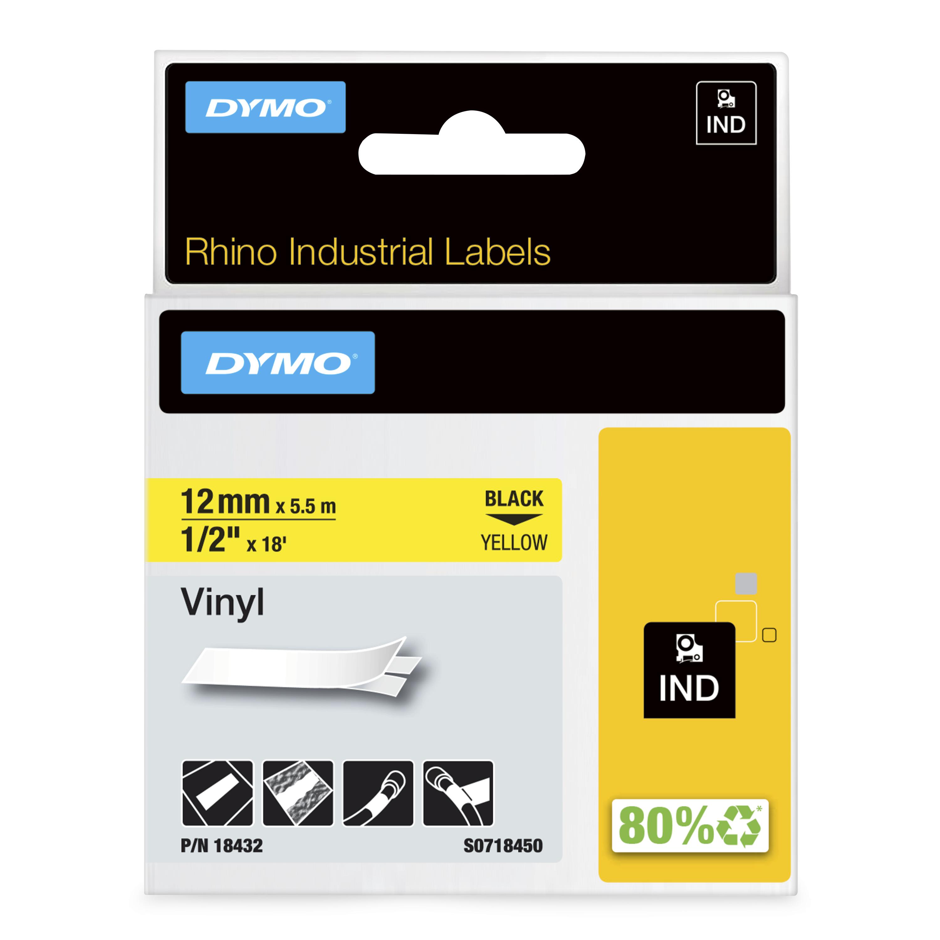 DYMO | Original IND-Schriftband für Rhino | farbiges Vinyl | schwarz auf gelb | 12mm x 5,5m