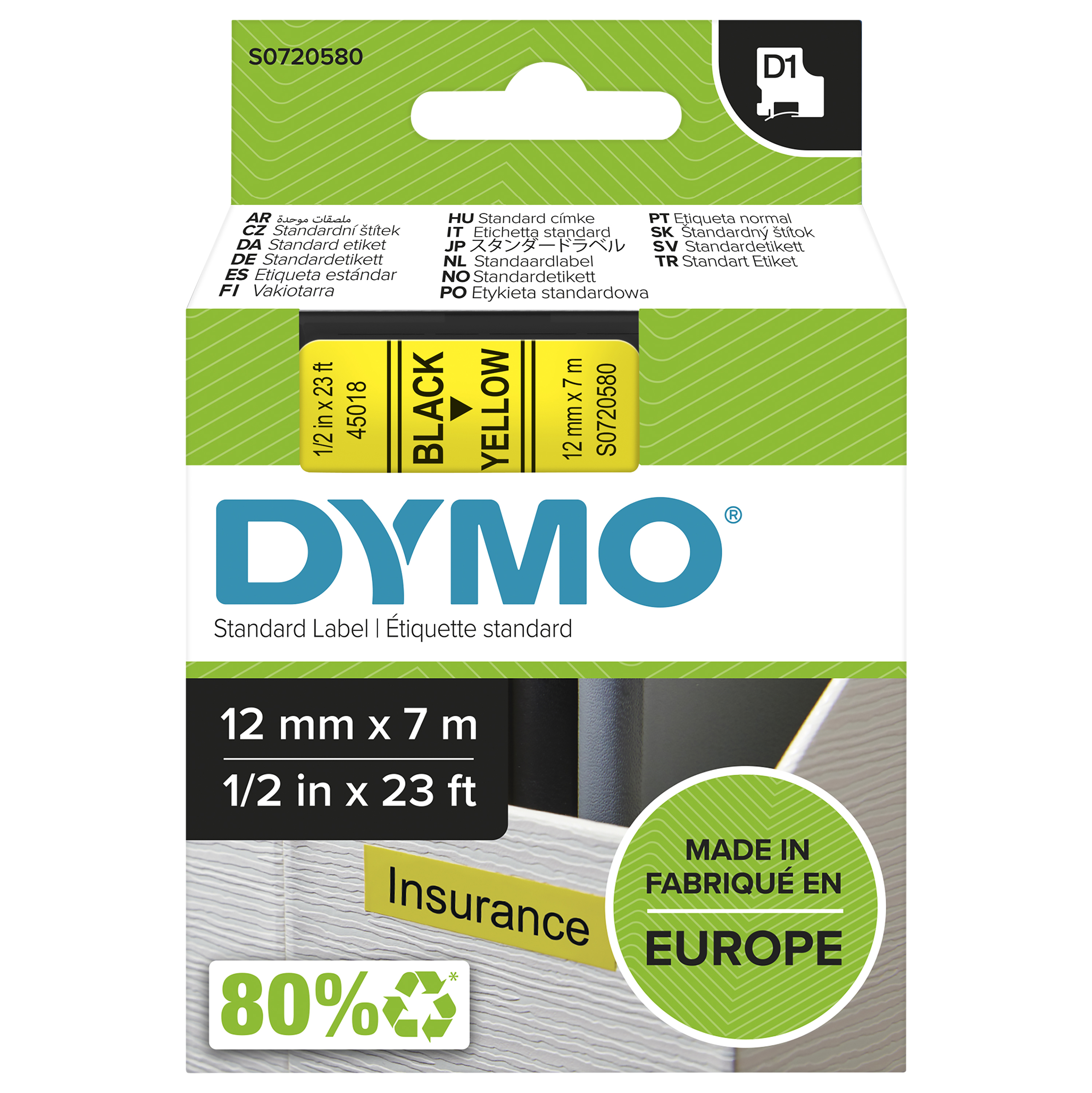 DYMO | Original D1-Schriftband für LabelManager | Polyester | wieder ablösbar | schwarz auf gelb | 12mmx7m