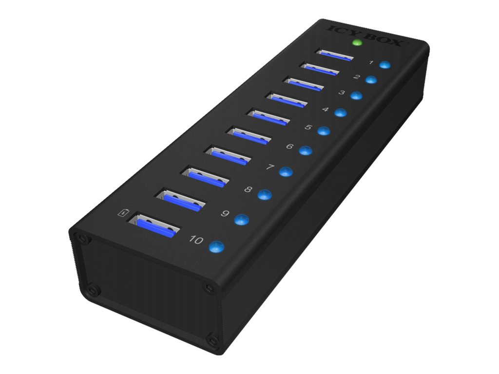 ICY BOX | USB 3.2 Gen 1 Hub, 10 Port, Ladeport Aluminium-Gehäuse, mit Netzteil | black