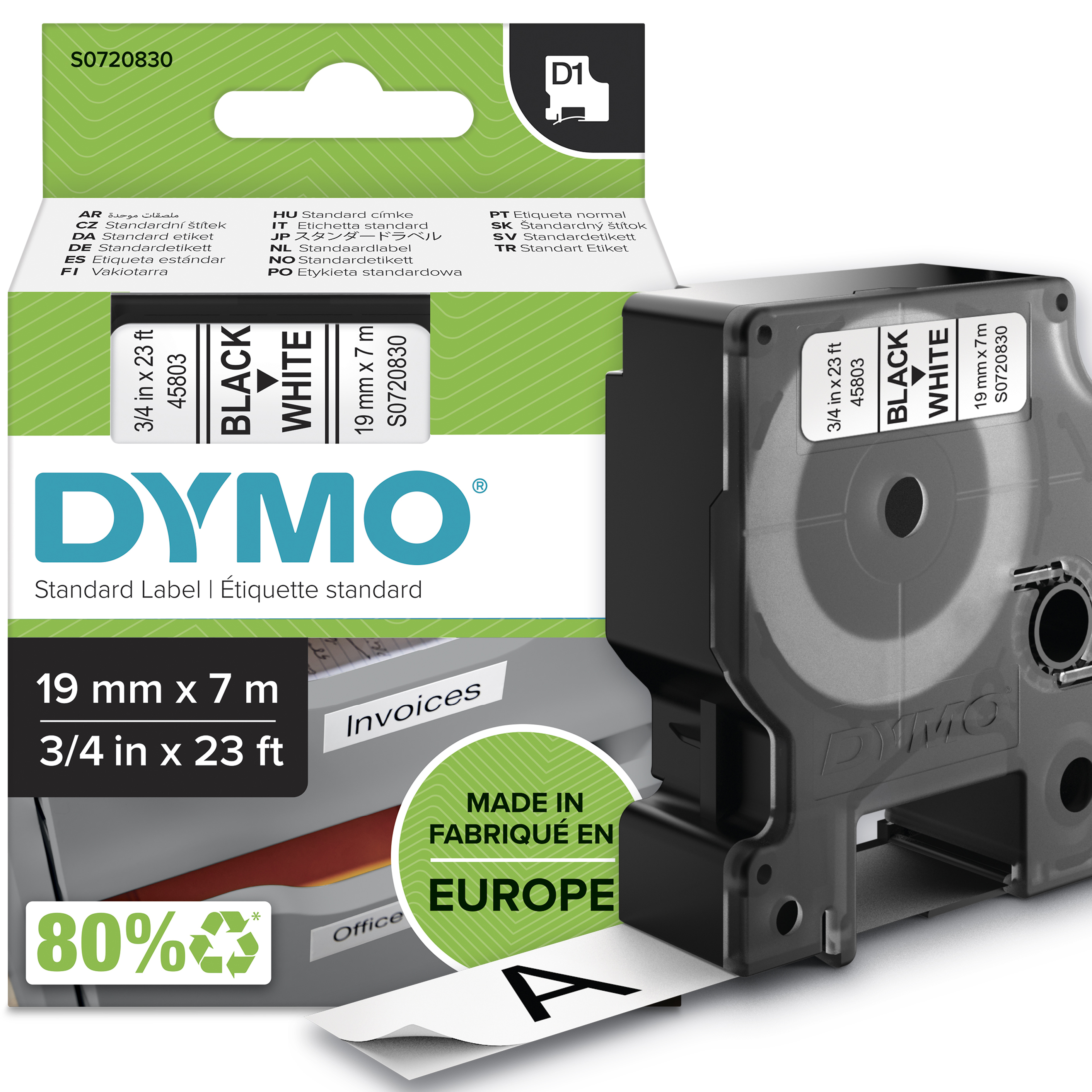DYMO | Original D1-Schriftband für LabelManager | Polyester | wieder ablösbar | schwarz auf weiß | 19mmx7m