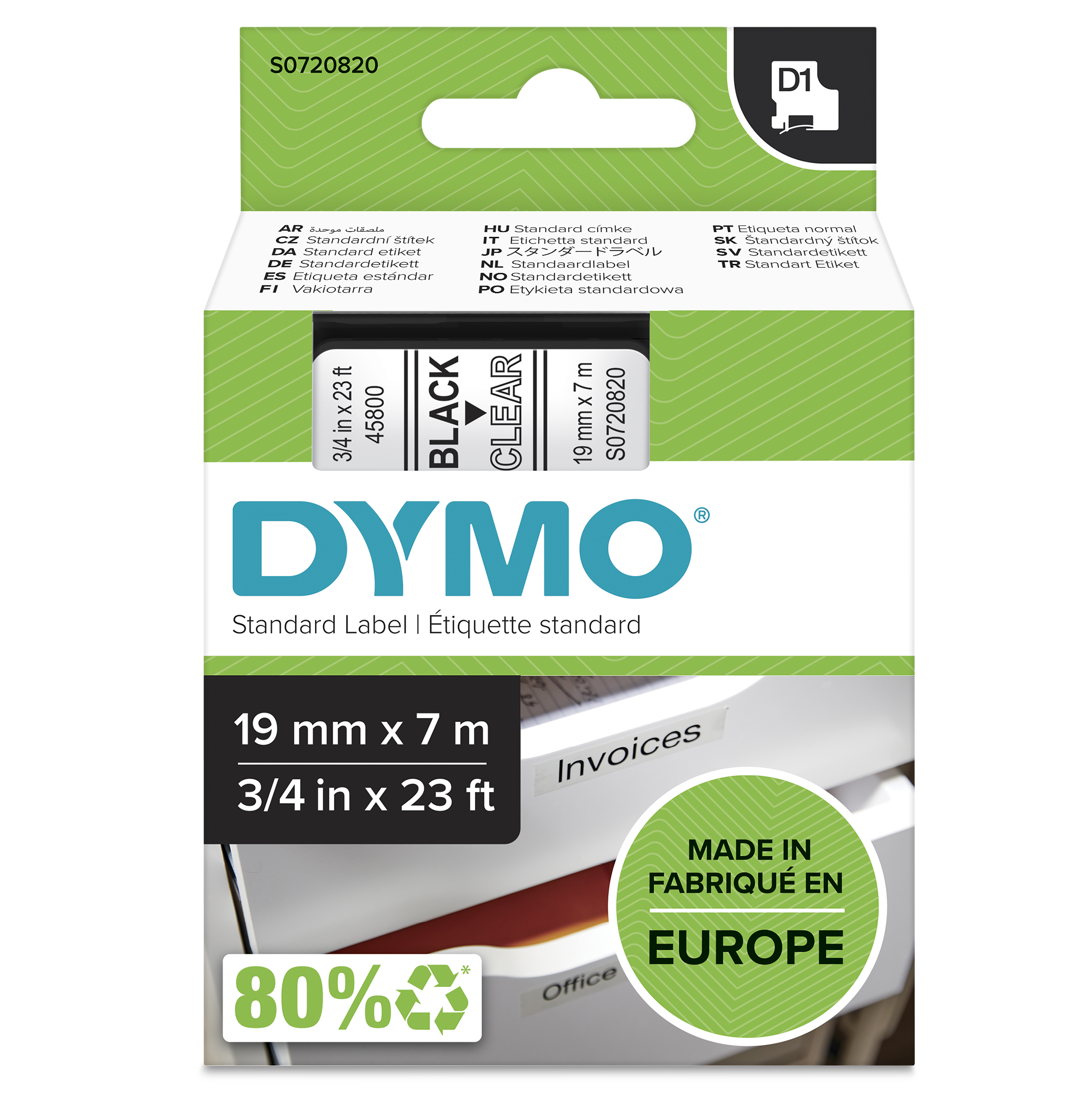 DYMO | Original D1-Schriftband für LabelManager | Polyester | wieder ablösbar | schwarz auf transparent | 19mmx7m